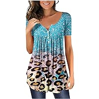 Summer Leopard Henley Short Sleeve Tunic Tops for Women Fashion Casual Flowy Button V Neck Pullover Loose T-Shirts