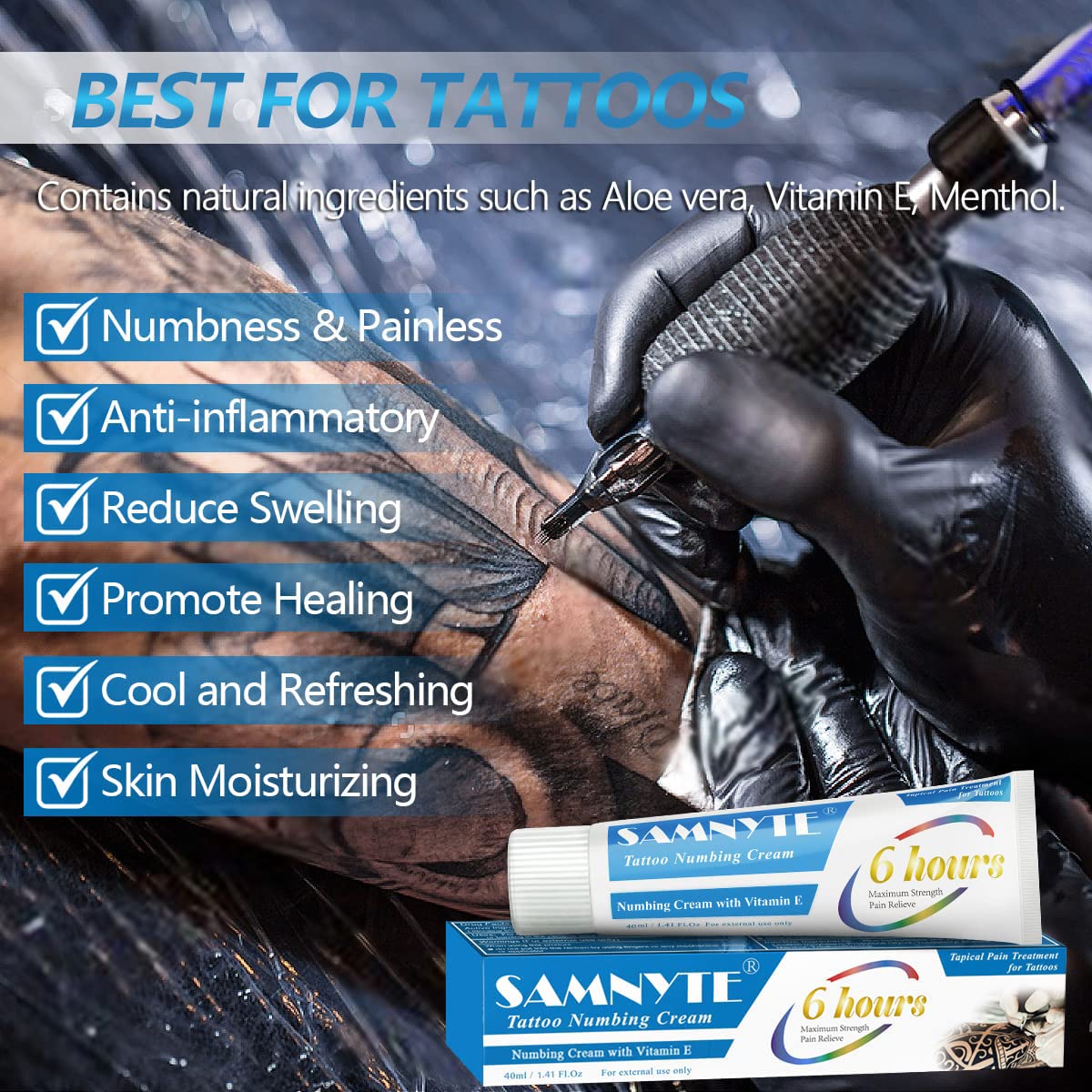 Samnyte Painless Tattoo Cream, Lasts 6-8 Hours Lidocaine Cream Maximum Strength, Best Tattoo Cream, Multi-purpose Topical Cream for Piercing, Waxing, Microneedling - 1.41Oz