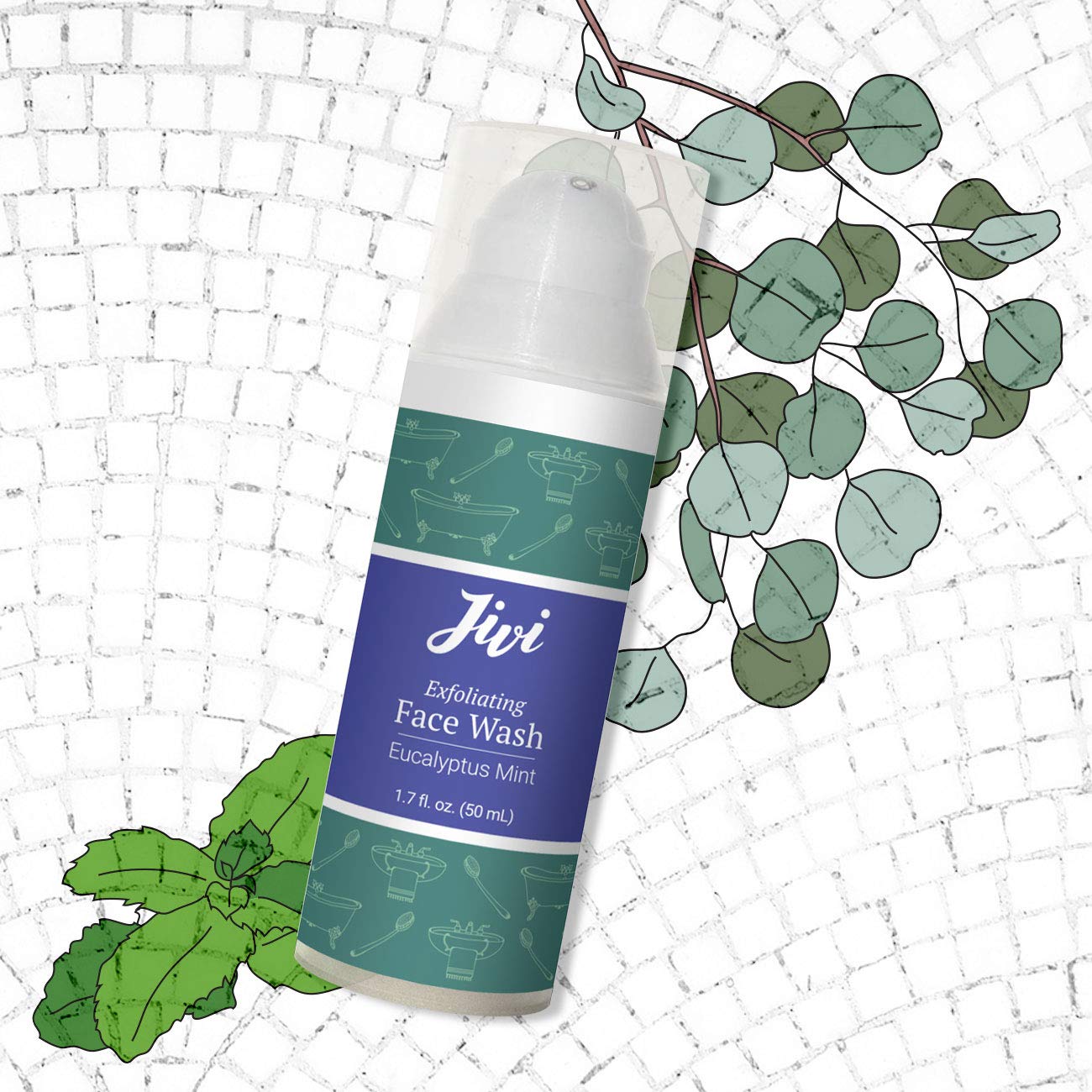 Jivi Exfoliating Face Wash (Eucalyptus Mint) | Cream Cleanser that Removes Makeup and Tones | 100% Natural with Organic Ingredients | Made for Sensitive and Dry Skin | 1.7 fl. oz.