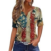 American Flag Stars Stripes Shirts for Women 4th of July Patriotic Tops Button Short Sleeve Graphic Blouse Summer Tee