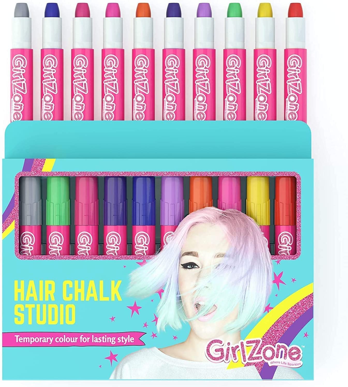 GirlZone Hair Chalks Set, 10-Piece Temporary Hair Chalks Color, Girl Toys For Girls Ages 8-12, Birthday Gifts For Girls & Girls Toys 8-10 Years Old