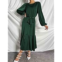 Summer Dresses for Women 2022 Lantern Sleeve Ruffle Hem Belted Dress Dresses for Women (Color : Dark Green, Size : Medium)