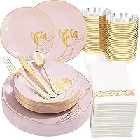 Nervure 175PCS Pink Plastic Plates - Floral Pink Gold Disposable Plates Include 50Plates, 25Forks, 25Knives, 25Spoons, 25Cups, 25Napkins Perfect for Wedding & Party & Easter & Mother's Day