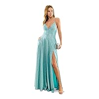 B Darlin Womens Turquoise Slitted Zippered Crisscross Adjustable Straps Spaghetti Strap V Neck Full-Length Gown Prom Dress Juniors 11