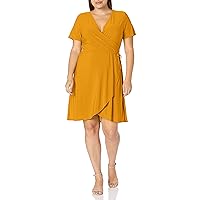 Star Vixen Women's Petite Short Sleeve Ballerina Wrap Dress, Mustard, PS