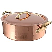 Mauviel M'Tradition Hammered Copper & Tin Inside Rodeau With Lid, Brass Handles, 5.6-Qt, Made in France