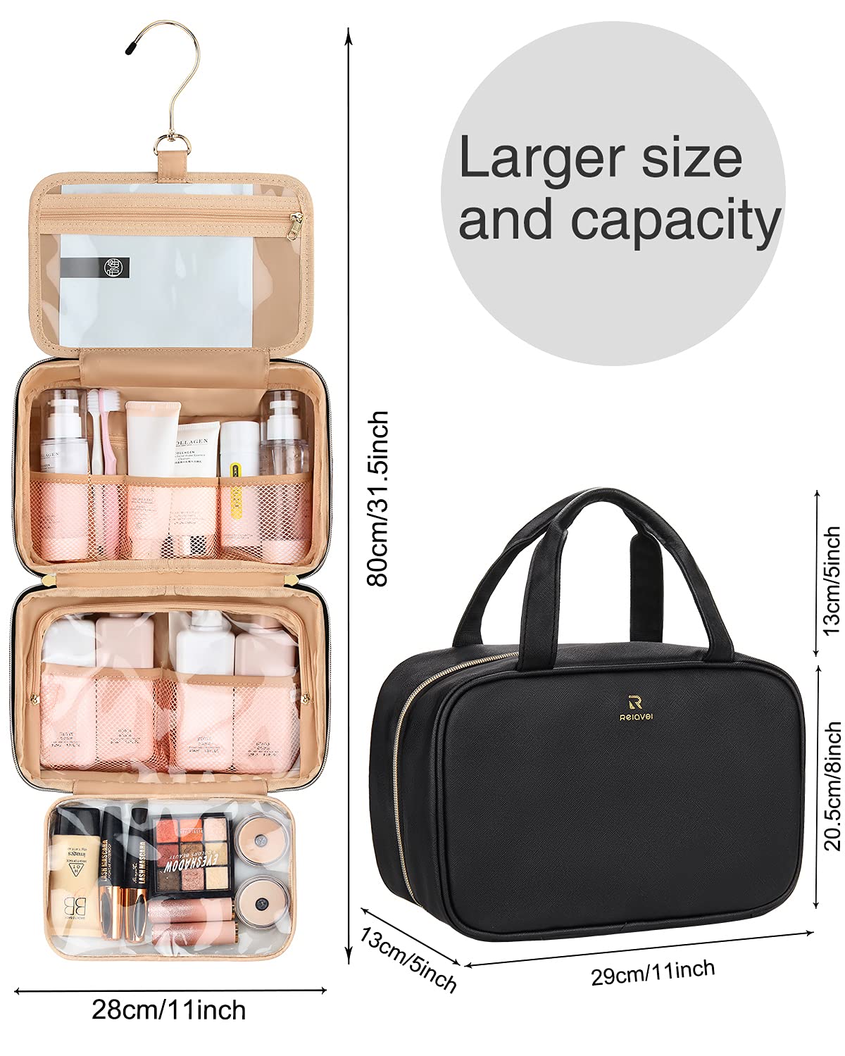 Relavel Toiletry Bag, Travel Hanging Toiletry Bag for Men and Women, Makeup Cosmetic Bag Travel Organizer for Toiletries, Shampoo, Water-resistant Leather and Lining, Full Sized Container Travel Bag