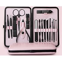 Manicure Pedicure Set Nail Clipper Set -16 Piece Stainless Steel Nail Care Aids -Fingernail Clippers,Toenail Clippers -Portable Travel & Grooming Kit Tools (Pink&Black)