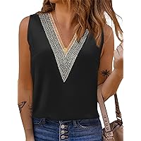 Satin Guipure Lace Tank Tops for Women V Neck Silk Summer Sleeveless Blouse Basic Camisole Shirts