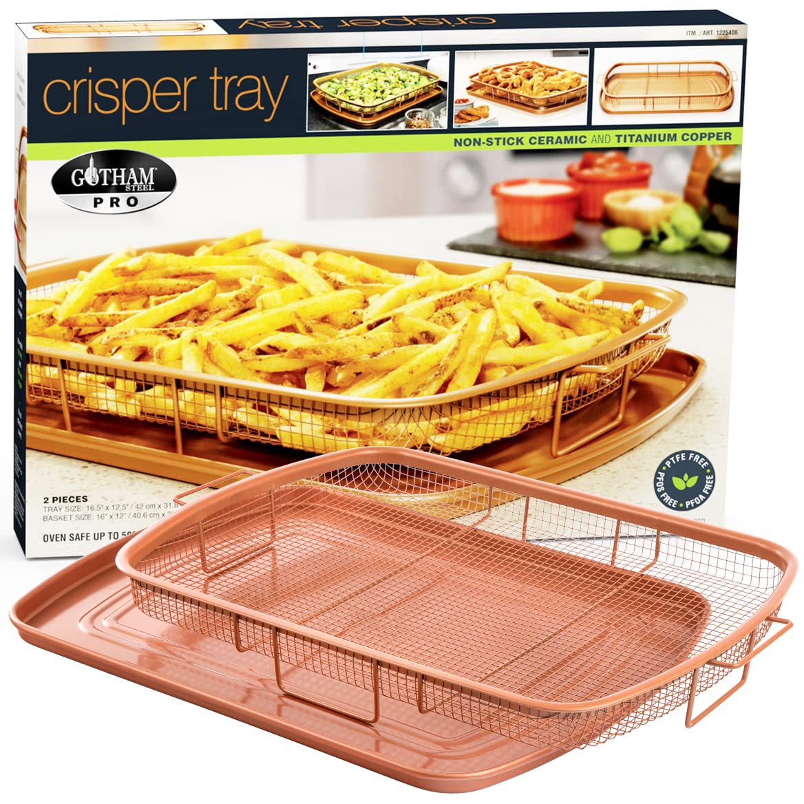 Air Fryer Basket For Oven, Gotham Steel Air Fryer Tray, 2 Piece Nonstick Copper Crisper Tray, Air Fry For Convection Oven, Also Great For Baking & Crispy Foods, Dishwasher Safe – Regular, 12.5” x 9”