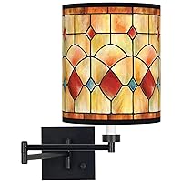 Tiffany-Style Reds Espresso Bronze Swing Arm Wall Lamp with Print Shade