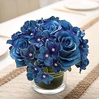 GreenHouzz Artificial Rose and Hydrangea Silk Flower Centerpieces Faux Floral Arrangement in Glass Vase for Home Wedding Table Decoration (Blue) RO001