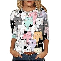 Dress Shirt Women 3/4 Sleeve Tops Cute Funny Dog Cat Print Shirts Animal Graphic Tees Trendy Summer Pullover Blouse