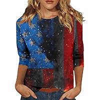4Th of July Tops for Women Casual 3/4 Sleeve Tops Summer Scoop Neck Shirts Flag Printed Graphic Tees Plus Size Blouses