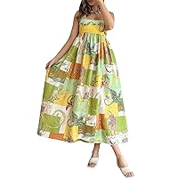 Women Graffiti Maxi Cami Dress Cute Cartoon Print Flowy Long Sundress Boho Colorful Spaghetti Strap Vacation Dress