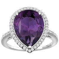 Sabrina Silver 14K White Gold Natural Amethyst & Diamond Engagement Ring Ring Pear Cut 16x12 mm, Sizes 5-10