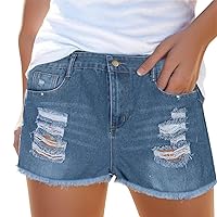 Women's Rip Shorts Jeans Raw Hem Jean Shorts Trendy Relaxed Fit Loose High Rise Denim Mom Ripped Frayed