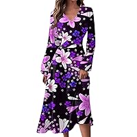 Plus Size Formal Dresses for Women,Church Dresses Women 2024 My Orders Spring Dress Casual Women's and Autumn Casual Fashion V-Neck Long Sleeve Floral Dresses Cotton(5-Purple,L)