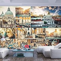 77x30 inches Wall Mural,Collage of Various Views of Venice City with Canal Cathedral Palace Travel Theme Peel and Stick Self-Adhesive Wallpaper Removable Large Wall Sticker Wall Decor for Home Office