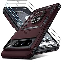 for Google Pixel 8 Pro Case with Screen Protector,Heavy Duty Shockproof Full Body Protective Phone Cover,Built in Slide Camera Lens Cover+Finger Ring Stable Kickstand,Wine Red
