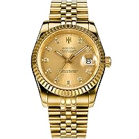 Mens Full Gold Watch Automatic Mechanical Gilded Steel Self-Wind Sapphire Glass Dress Waterproof Watch