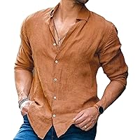 Men's Buttoned Long-Sleeved Linen Shirt Casual Beach Loose Solid Color Shirt Button Down Holiday Shirts