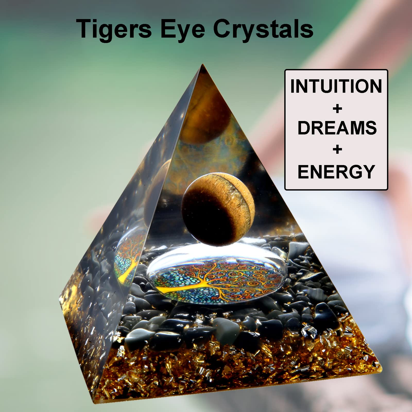 Orgone Pyramid for Positive Energy, Crystal Pyramid Orgonite Pyramid Protection Crystals Energy Generator for Stress Reduce Healing Meditation Attract Wealth Lucky Room Decor(Tigers Eye)