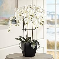 Potted Faux Artificial Flowers Arrangements Realistic White Phalaenopsis Orchid in Black Pot Home Decoration Living Room Office Bedroom Bathroom Kitchen Dining Room 25 1/2