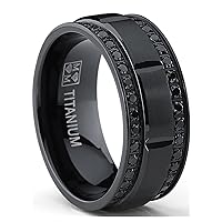 9MM Men's Black Titanium Wedding Band Ring with Double Row Black Cubic Zirconia, Comfort Fit