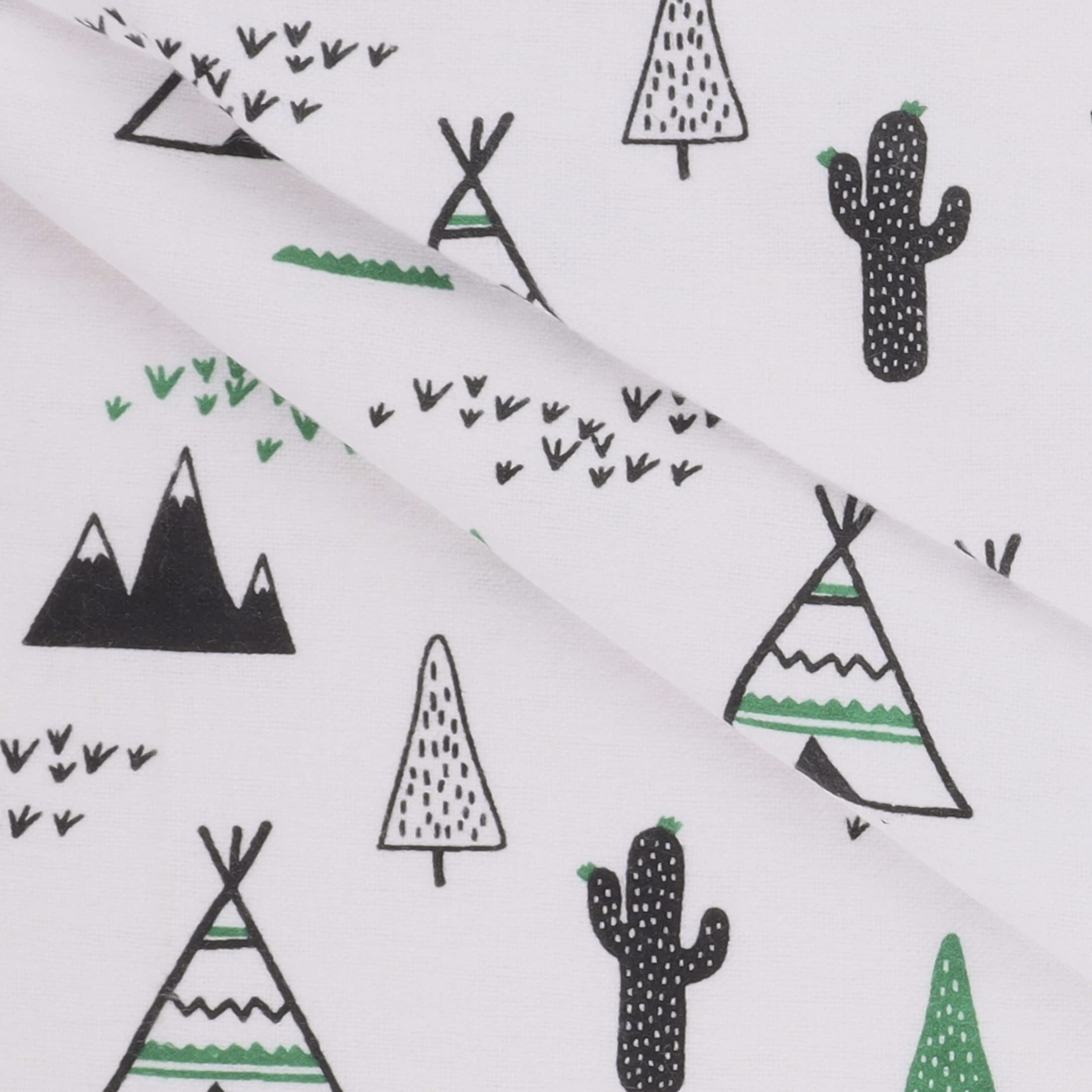 Mook Fabrics Flannel Snuggy PRT Teepee/Cactus, Green/White, 15 Yard Bolt
