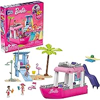 Mega Barbie Boat Building Toys Playset, Malibu Dream Boat with 317 Pieces, 2 Pets, 3 Micro-Dolls and Accessories, Pink, 6+ Year Old Kid