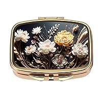 Dynippy Pill Case Pill Box with Mirror Pocket 2 Compartment Medicine Case Vitamin Pill Organizer for Pocket Purse and Travel Gifts Rectangle - Gold Flower