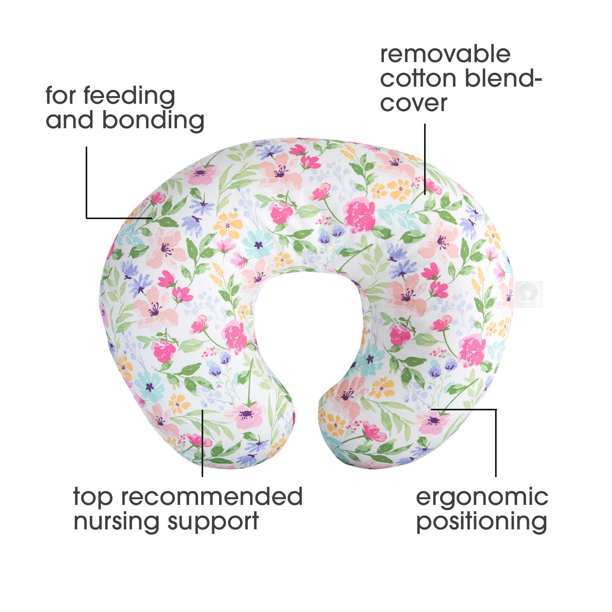 Boppy Nursing Pillow Original Support, Colorful Watercolor Flowers, Ergonomic Nursing Essentials for Bottle and Breastfeeding, Firm Fiber Fill, with Removable Nursing Pillow Cover, Machine Washable