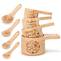 Xylolfsty 8 Set Funny Wooden Measuring Cup and Spoon Set Designed with Baking Sayings - Quirky Wood Kitchen Accessories Cute Measuring Cups and Spoons Perfect Measuring for Dry Ingredients