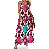 Pink Rhombus Women's Sleeveless Maxi Dress V-Neck Sundress