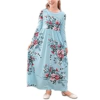 GORLYA Girl's Long Sleeve Floral Print Loose Casual Holiday Long Maxi Dress with Pockets 4-12 Years