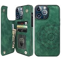 Vaburs Compatible with iPhone 13 Pro Max Case Wallet with Card Holder, Embossed Mandala Pattern Flower PU Leather Double Buttons Flip Shockproof Cover for Magnetic Car Mount 6.7 Inch (Green)