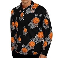 Happy Basketball Men's Polo Shirt Long Sleeve Golf Shirt Casual Sport Collared Shirts