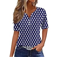 4Th of July Tops for Women,Women's Short Sleeve T Shirt V-Neck Flag Print Tee Button Plus Size Top