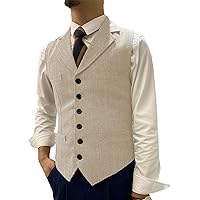 Retro Herringbone Men Suit Vest,Lapel Winter Business Casual Waistcoat,for Groom Wedding,Dinner Dating (Color : Champagne, Size : Small)
