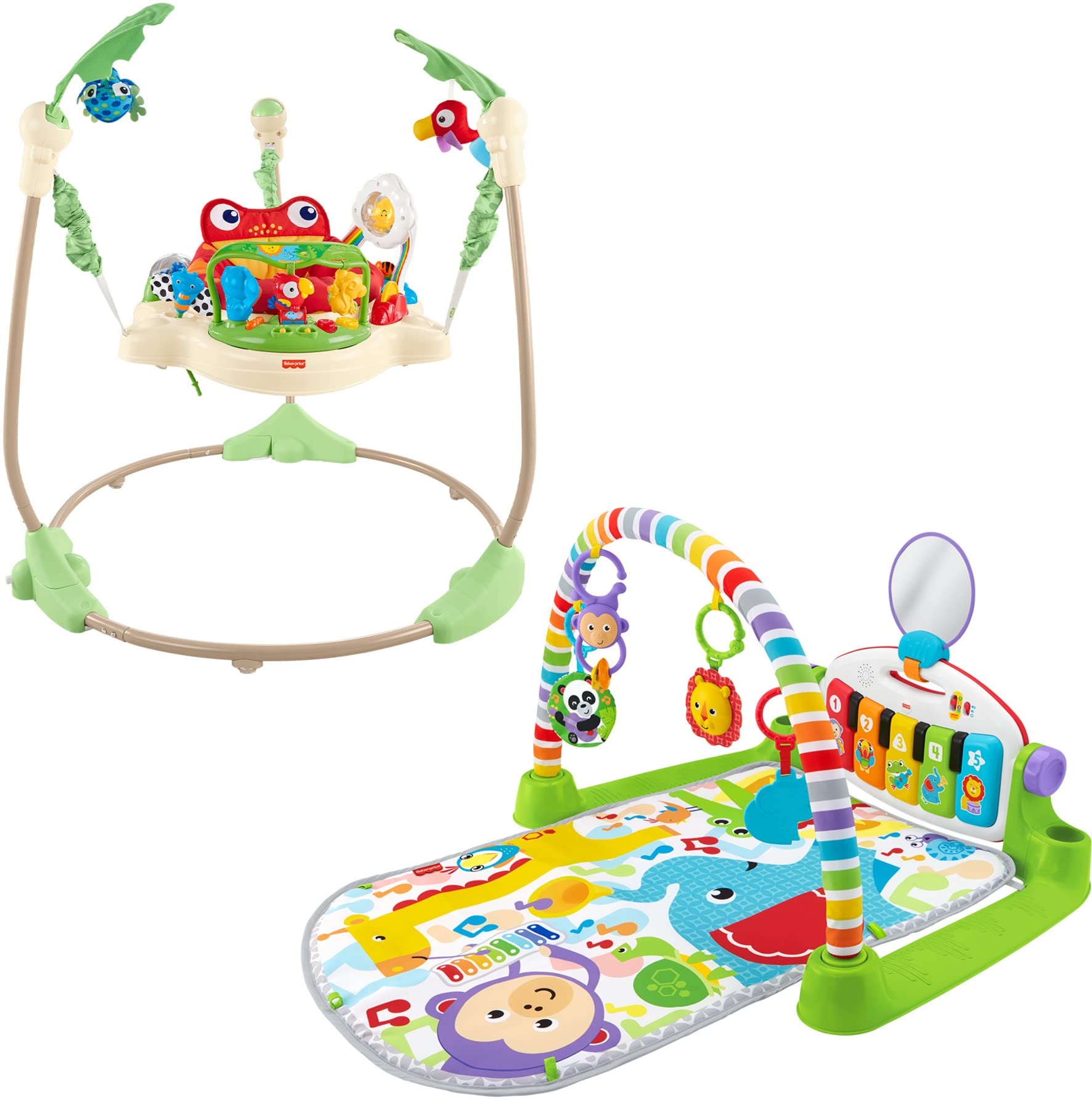 Fisher-Price Rainforest Jumperoo, freestanding Baby Activity Center with Lights, Music, and Toys Fisher-Price Deluxe Kick 'n Play Piano Gym, Green, Gender Neutral (Frustration Free Packaging)