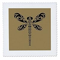 3dRose Dragonfly Black Tribal Tattoo Style Art On Brown - Quilt Squares (qs_355577_2)