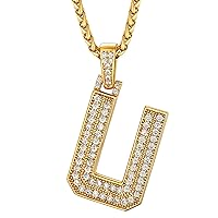 U7 Bling Initial Capital Pendant Necklace, 18K Gold Plated 26 Letters A-Z, Full CZ Crown/Bubble Letter, Wheat/Tennis Chain, Cool Hip Hop Rapper Charm, Customizable, Send Gift Box