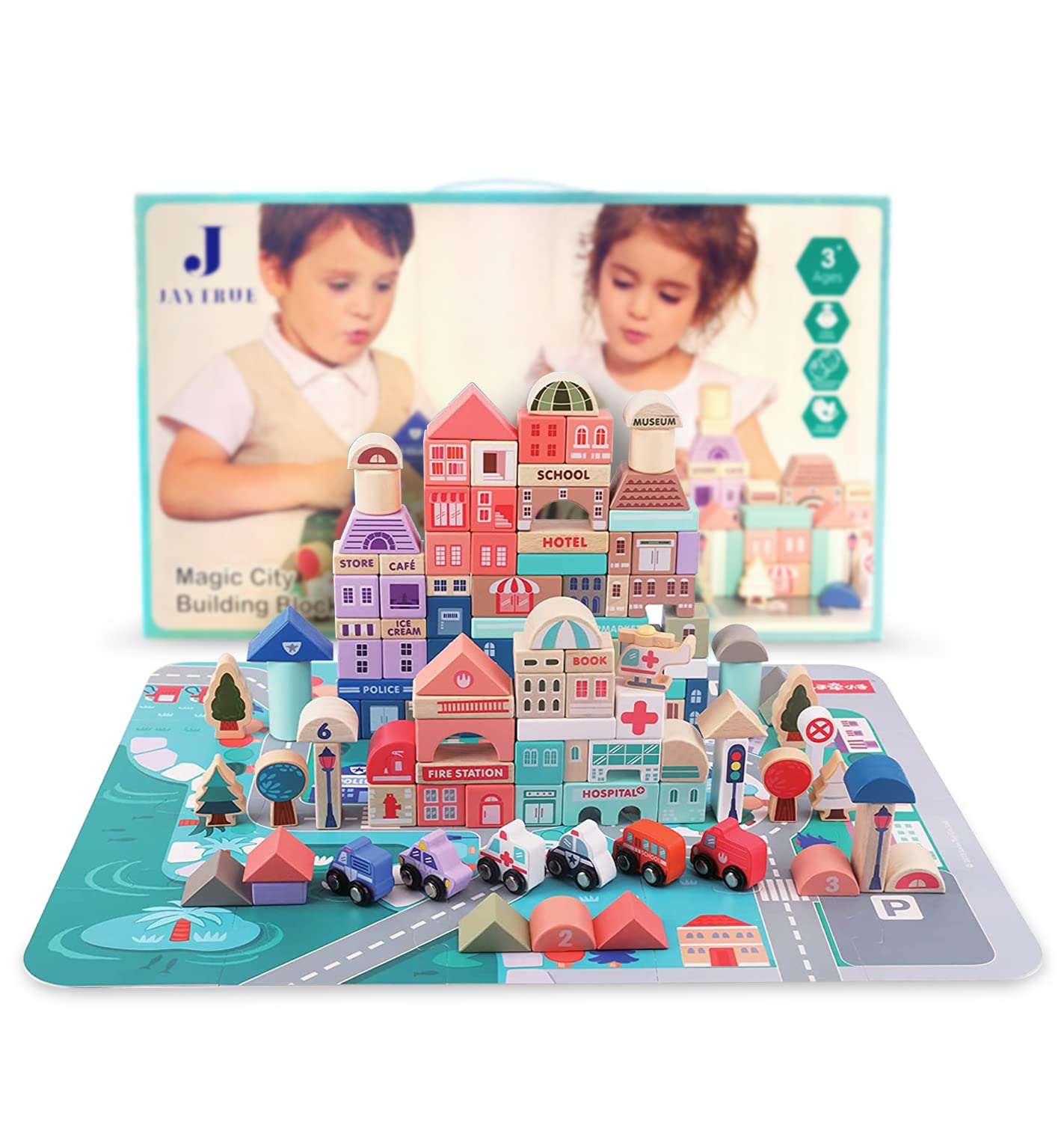 Jaytrue 115pc Montessori Wooden Building Block Set for Kids & Toddlers - Fun & Educational