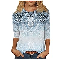 Womens Shirts,Long Shirts to Wear with Leggings Women's Fashion Casual Three Quarter Sleeve Print Round Neck Pullover Top Blouse Long Sleeve Workout Tops for Women Christmas Top (3-Blue,3XL)