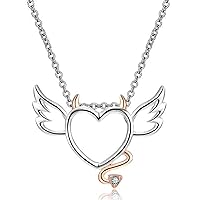 SwaraEcom Brilliant Created Round Cut White Diamond CZ 14K White Gold Plated Solid 925 Sterling Silver Cute Angle and Devil Heart Pendant Necklace for Her Gifts