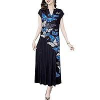 LAI MENG FIVE CATS Women's Elegant Floral Print Sleeveless Round Neck Casual Party Dress