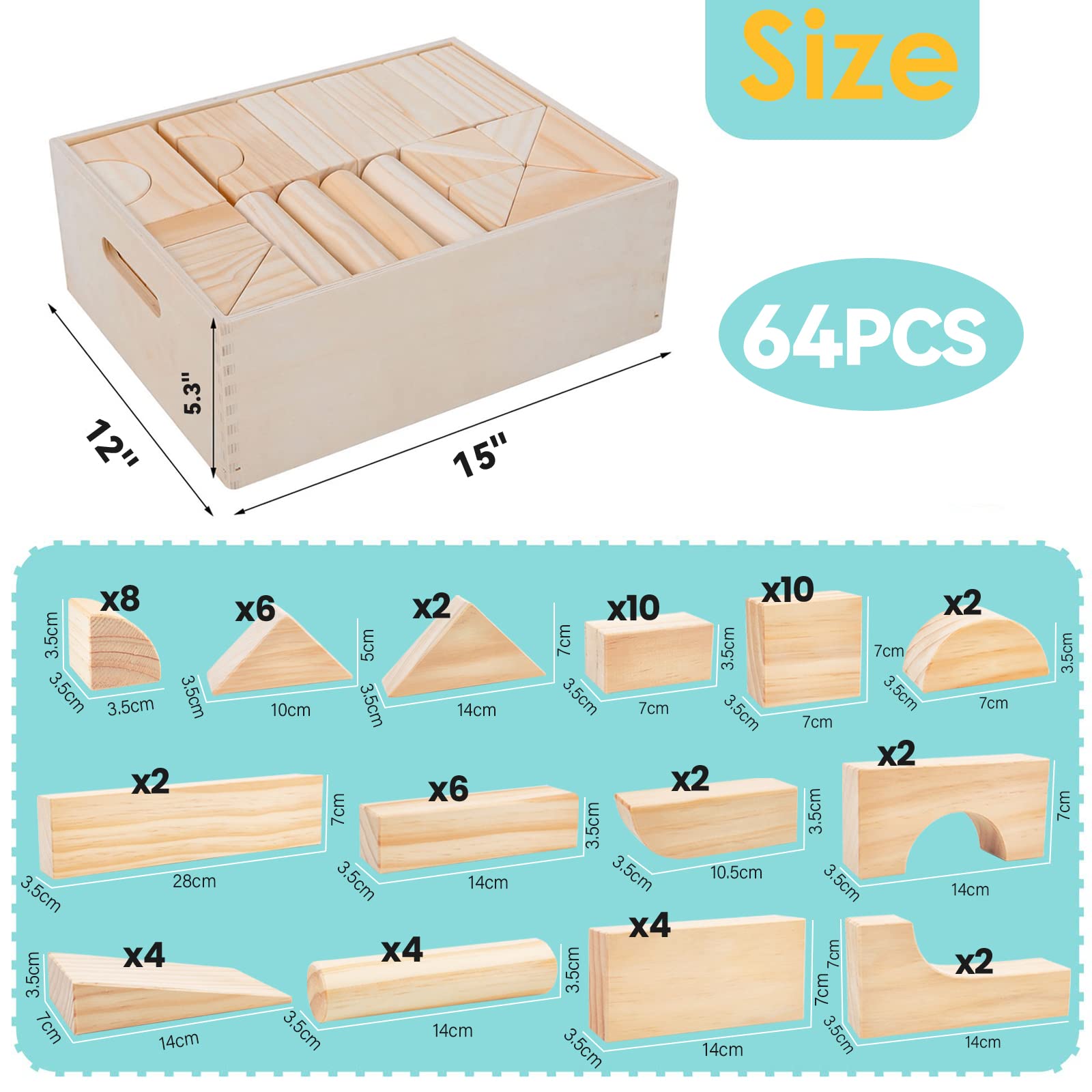 Onshine Large Wooden Blocks for Toddlers 1-3, 64 Pieces Big Wood Building Blocks Set with Wooden Storage Box, Large Toddler Blocks Building and Stacking Toys Construction Set