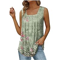 Square Neck Tank Top Women Floral Sleeveless Tunic Tops Hide Belly Pleated Tanks Summer Trendy Loose Fit Vest Shirt