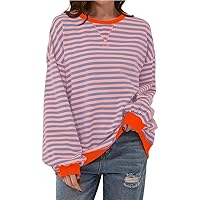 Women Crew Neck Long Sleeve Striped Oversized Sweatshirt Color Block Shirt Pullover Top Fall Y2K Clothes